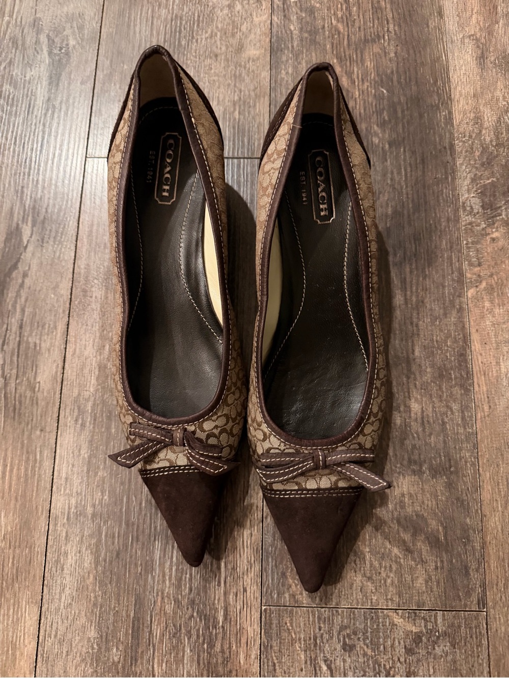Vintage Coach Brown Monogram Pointed-Toe Flats with Suede Toe